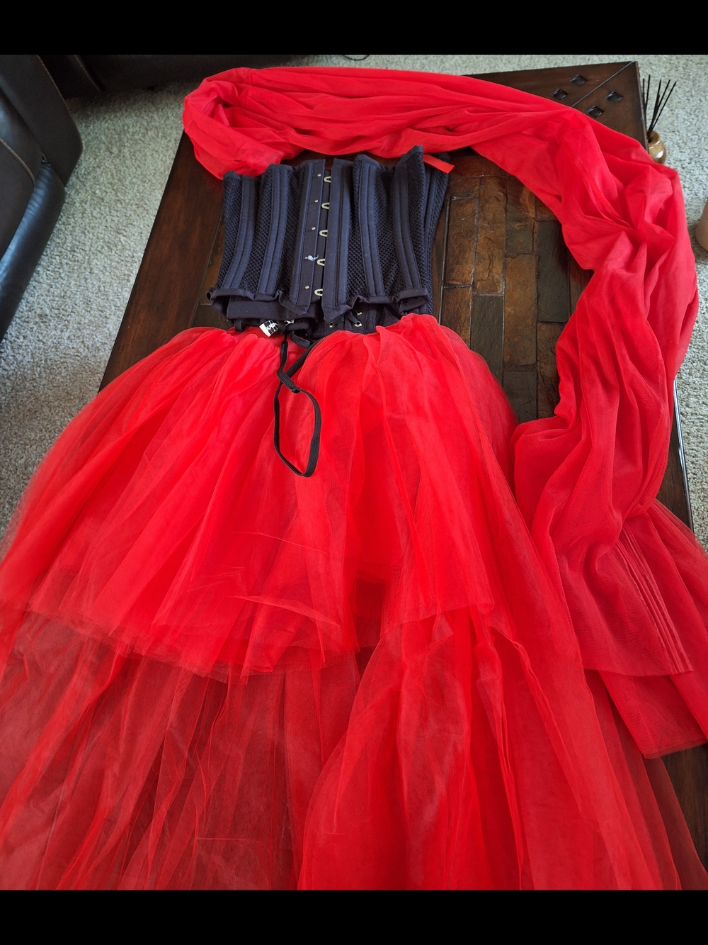 Adult Red Tulle Skirt Costume with Black Corset - Unbranded